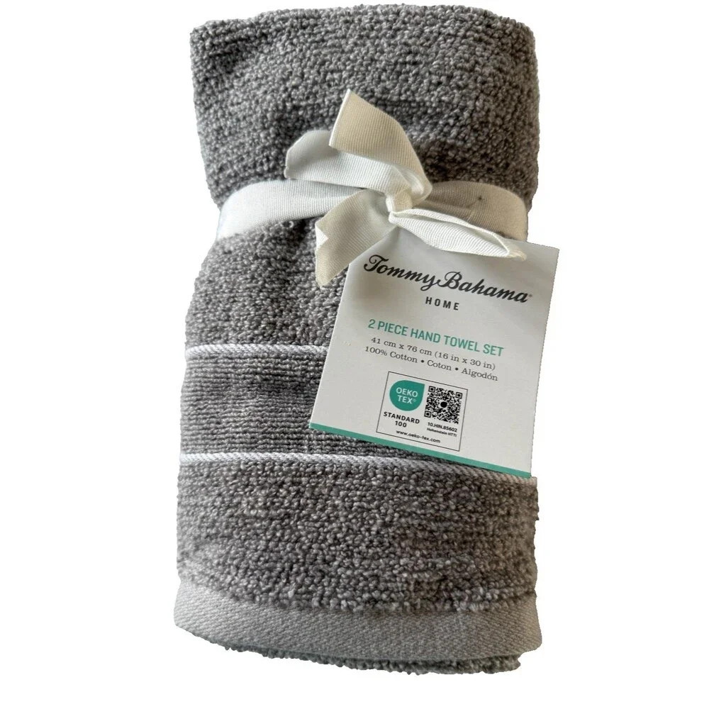 Tommy Bahama Hand Towels Gray White Stripes 100% Cotton 16x30 Inches Set Of 2